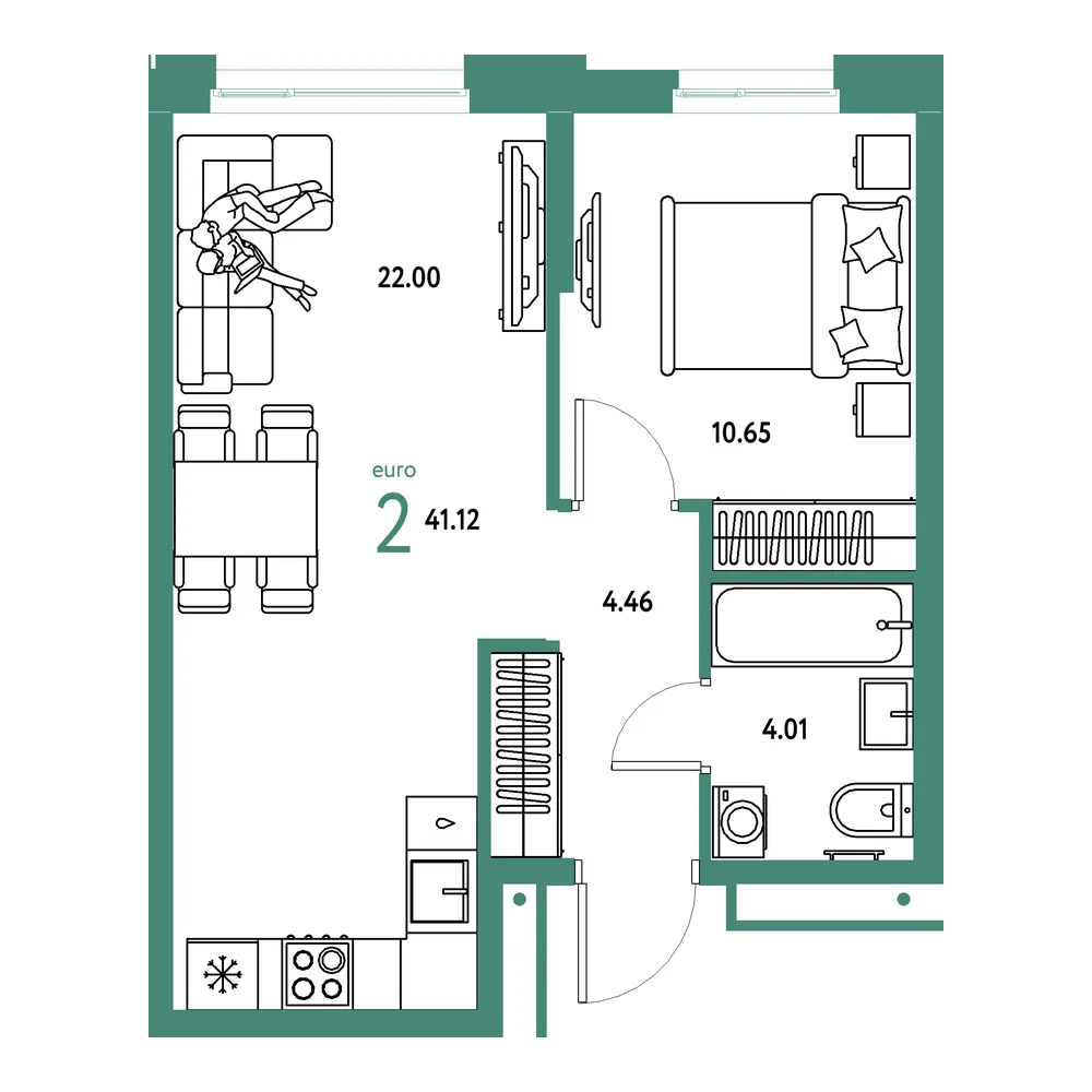 Планировка: Домашний 2-комнатная 41,12м²