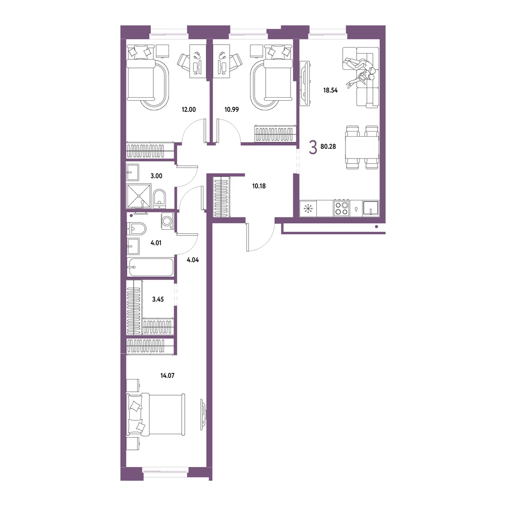 Планировка: Домашний 3-комнатная 80,28м²