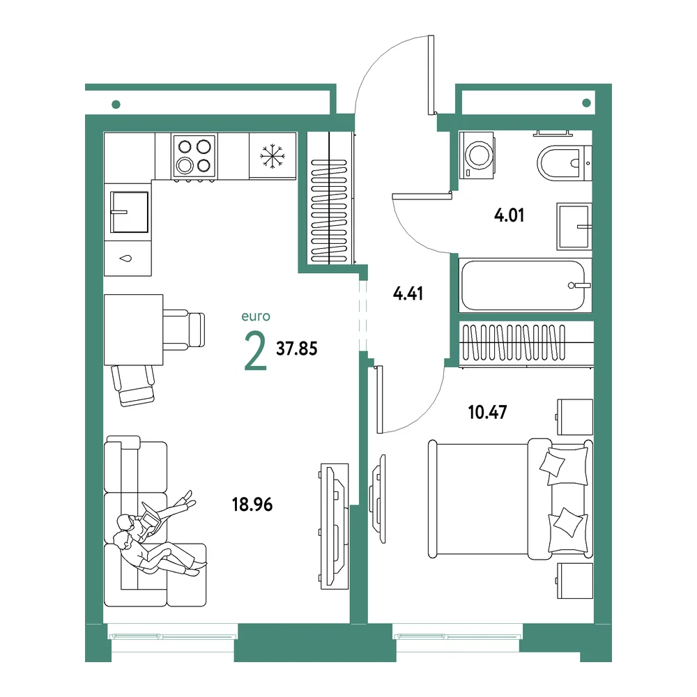 Планировка: Домашний 2-комнатная 37,85м²