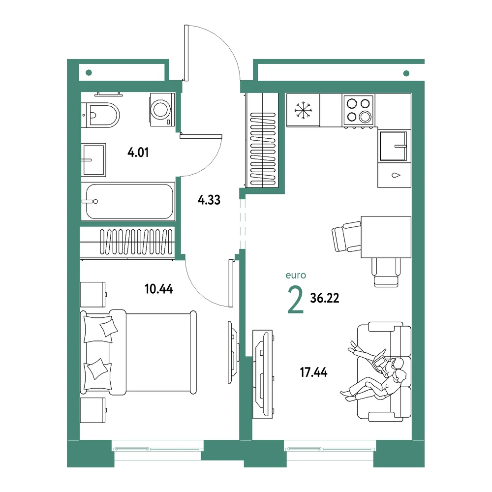 Планировка: Домашний 2-комнатная 36,22м²