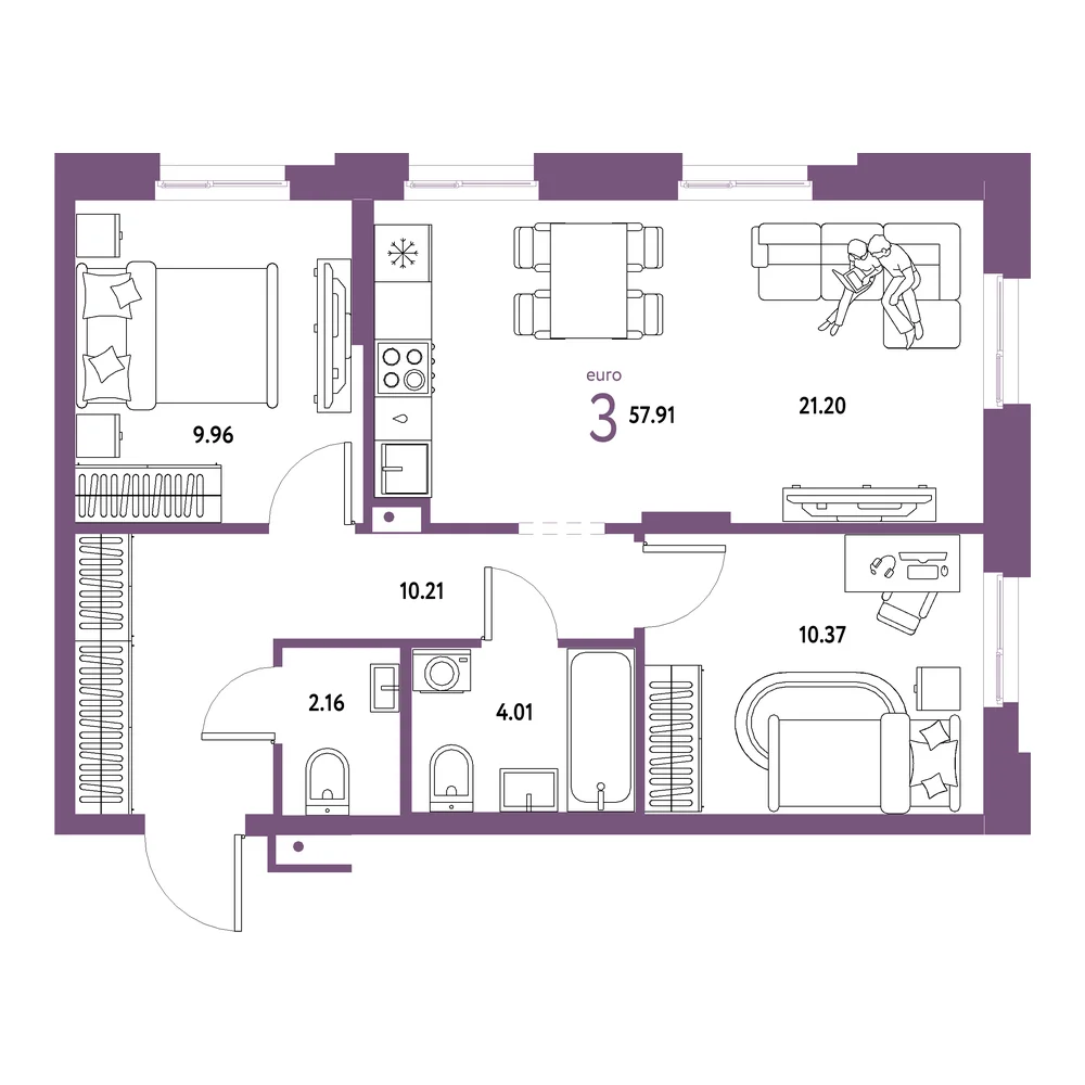 Планировка: Домашний 3-комнатная 57,91м²