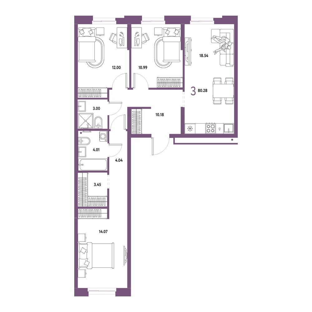 Планировка: Домашний 3-комнатная 80,28м²