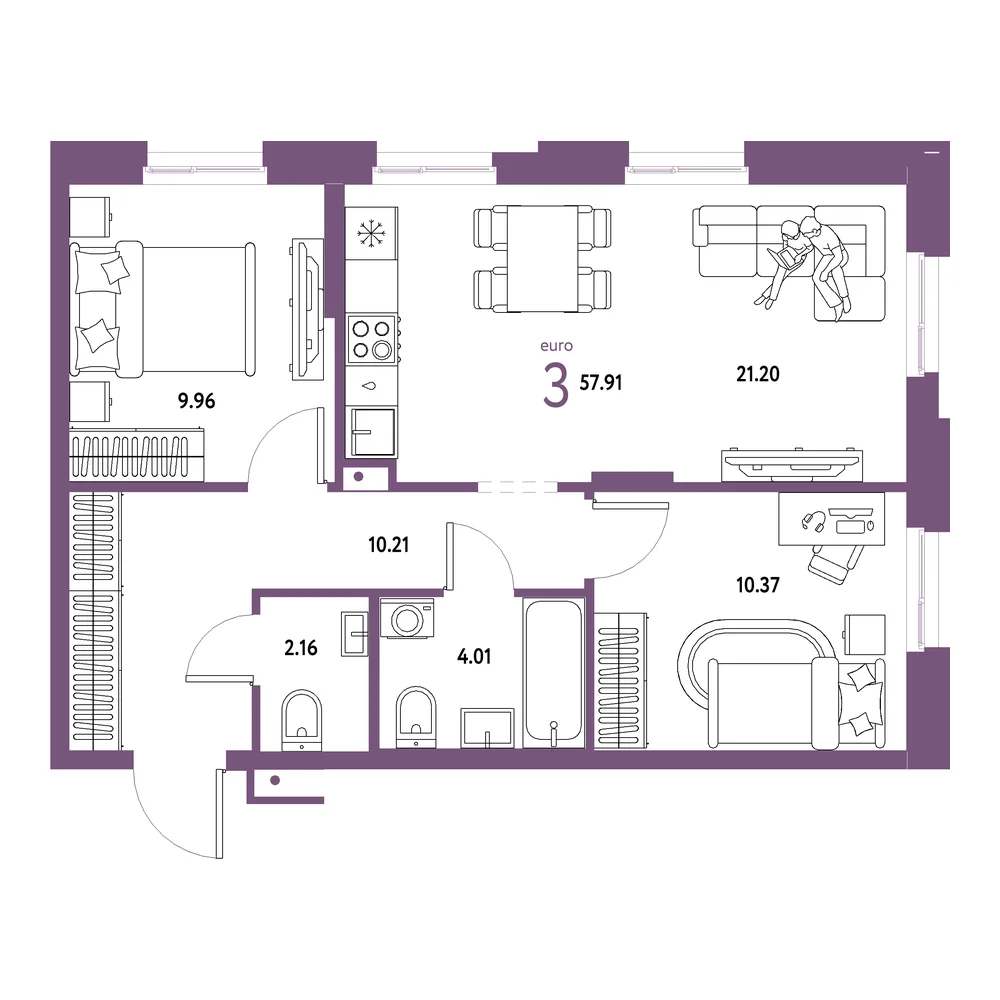 Планировка: Домашний 3-комнатная 57,91м²