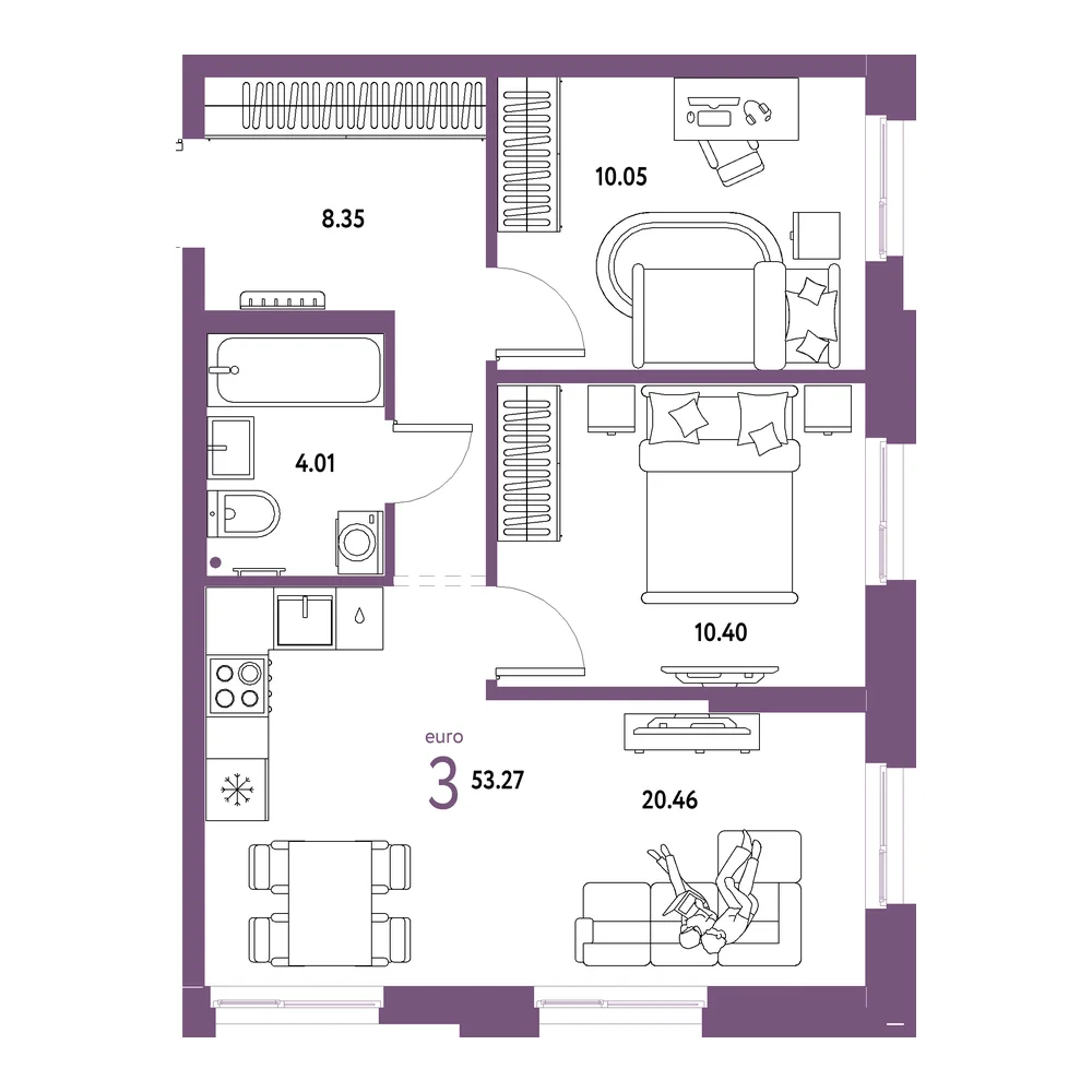 Планировка: Домашний 3-комнатная 53,27м²