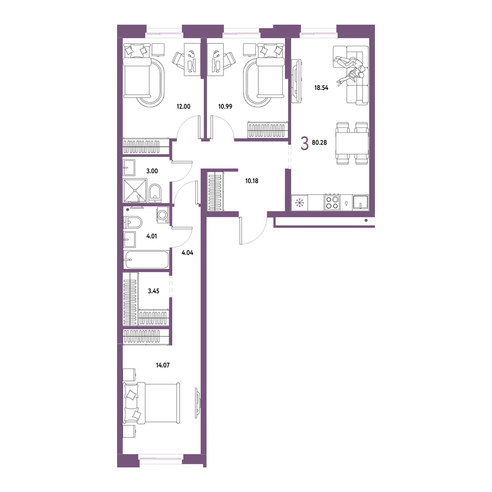 Планировка: Домашний 3-комнатная 80,28м²