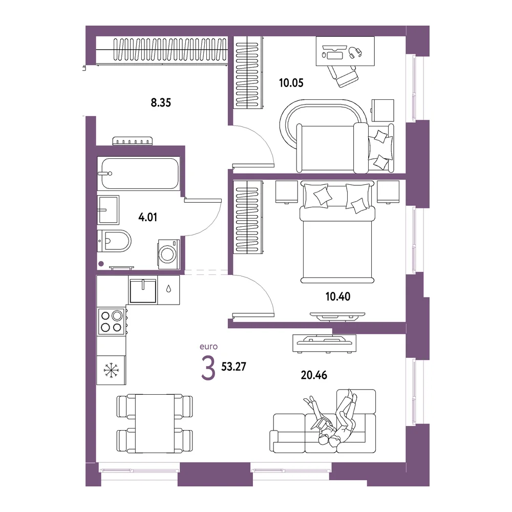 Планировка: Домашний 3-комнатная 53,27м²