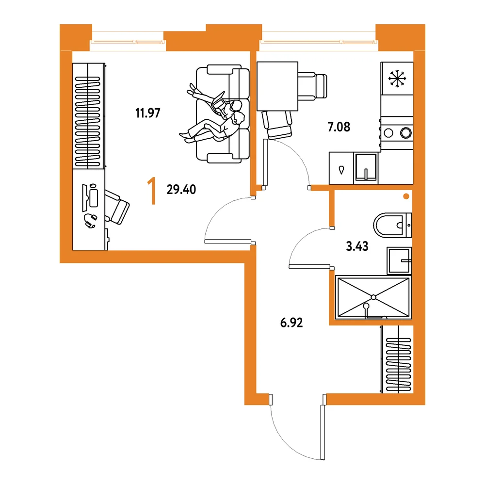 Планировка: Домашний 1-комнатная 29,40м²