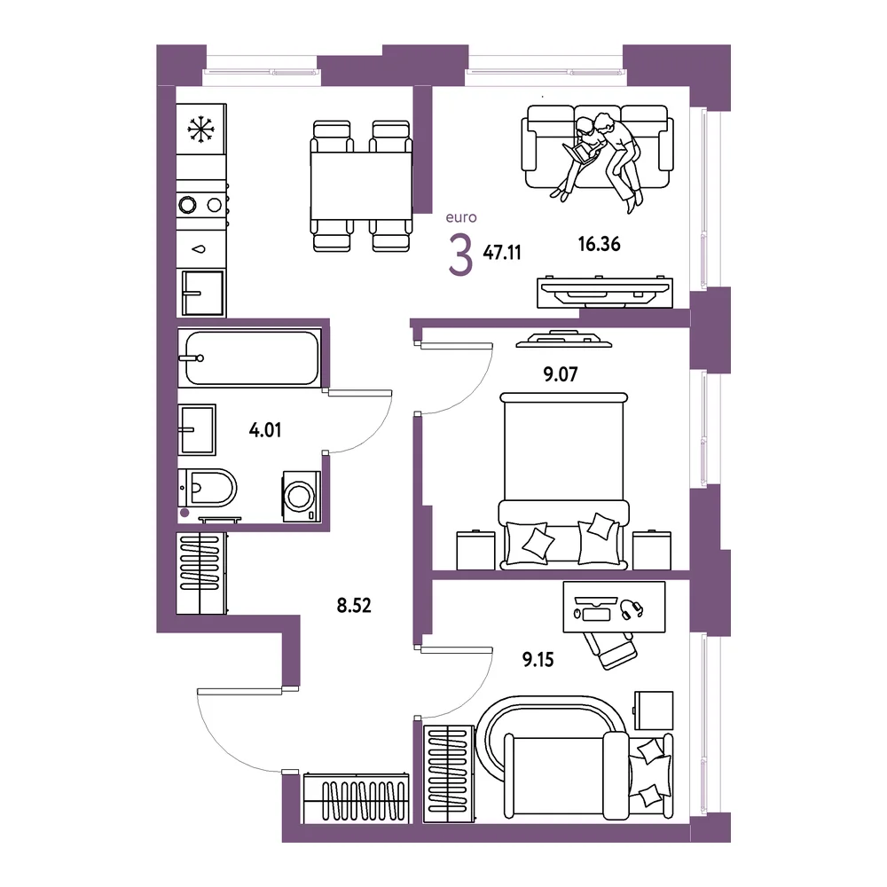 Планировка: Домашний 3-комнатная 47,11м²