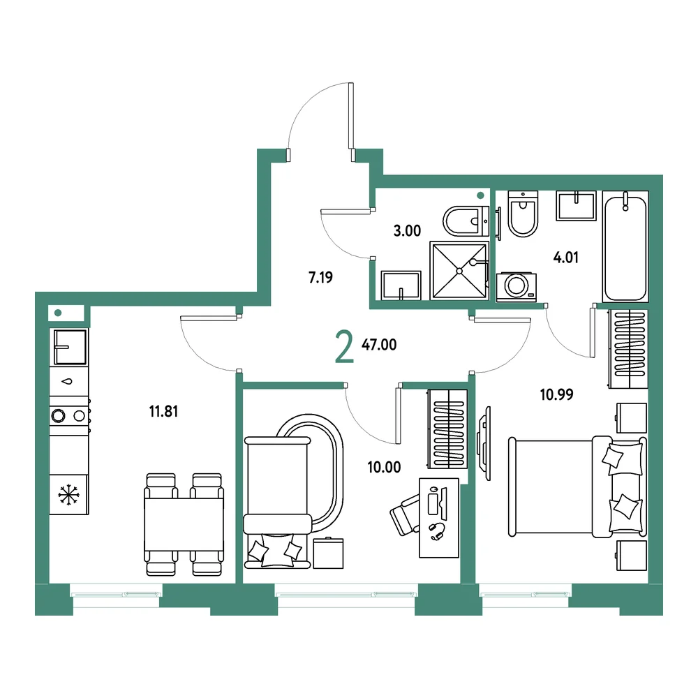 Планировка: Домашний 2-комнатная 47,00м²