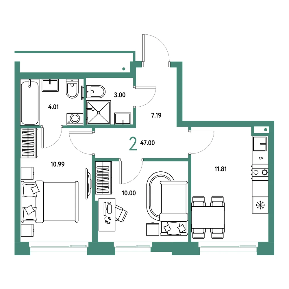 Планировка: Домашний 2-комнатная 47,00м²