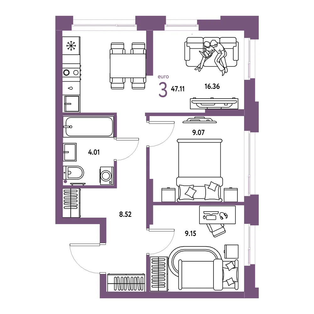 Планировка: Домашний 3-комнатная 47,11м²