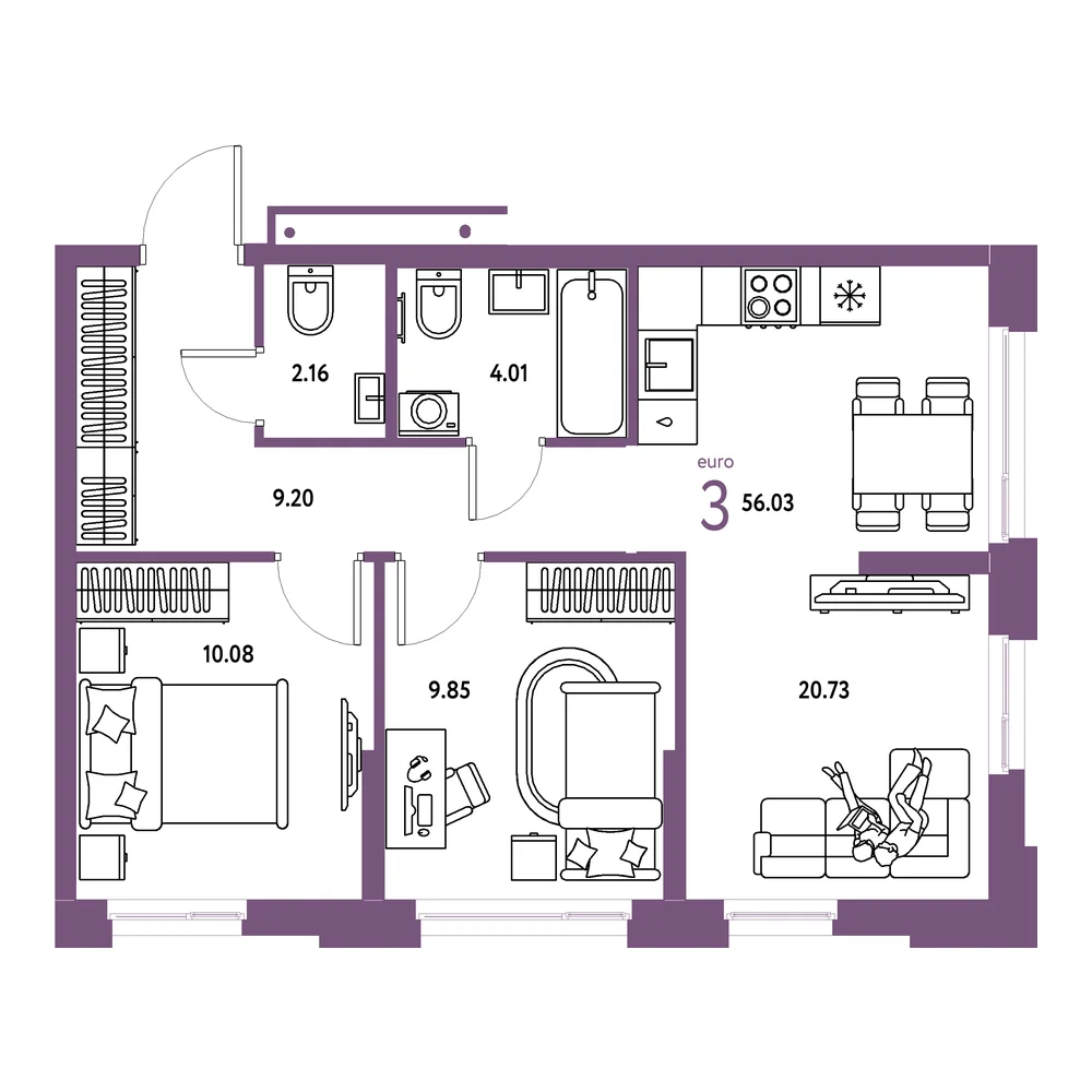 Планировка: Домашний 3-комнатная 56,03м²