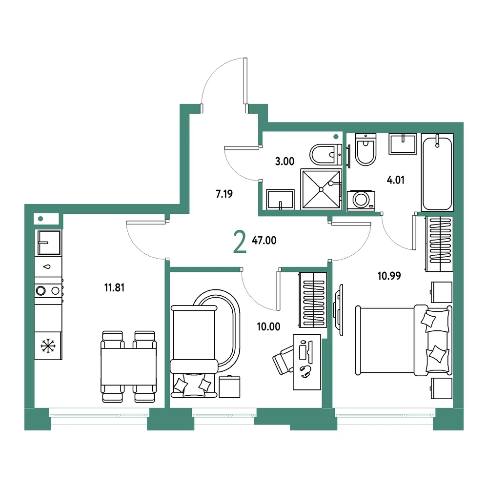 Планировка: Домашний 2-комнатная 47,00м²