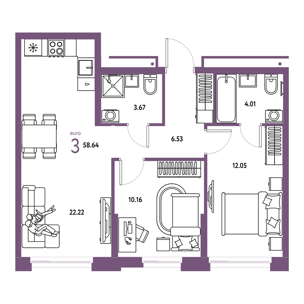 Планировка: Домашний 3-комнатная 58,64м²