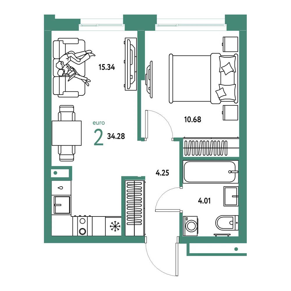 Планировка: Домашний 2-комнатная 34,28м²
