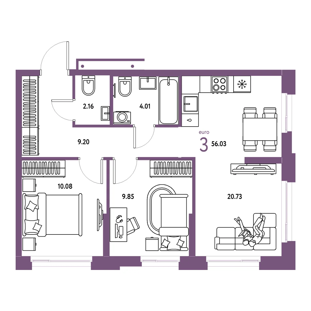 Планировка: Домашний 3-комнатная 56,03м²
