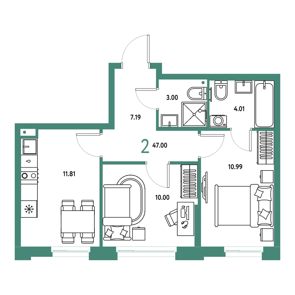 Планировка: Домашний 2-комнатная 47,00м²