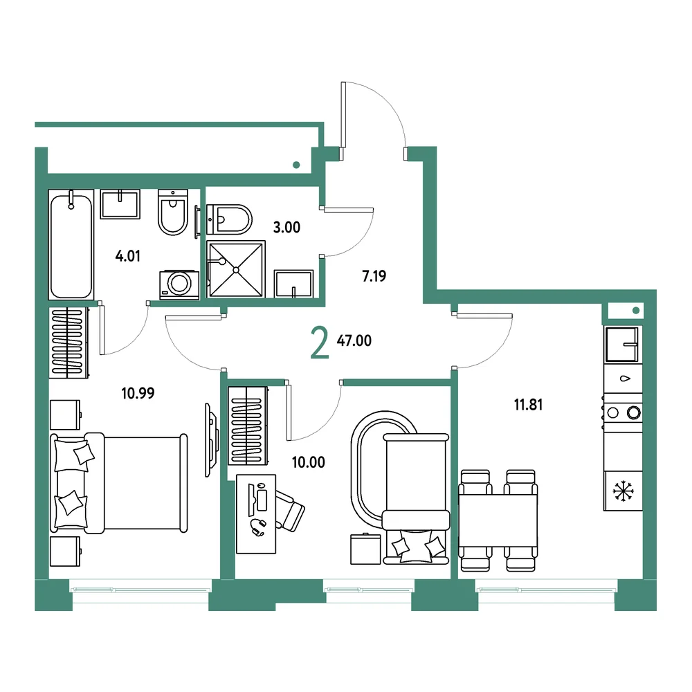 Планировка: Домашний 2-комнатная 47,00м²