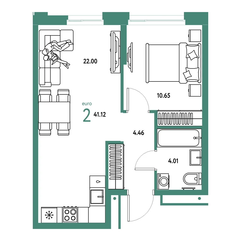 Планировка: Домашний 2-комнатная 41,12м²
