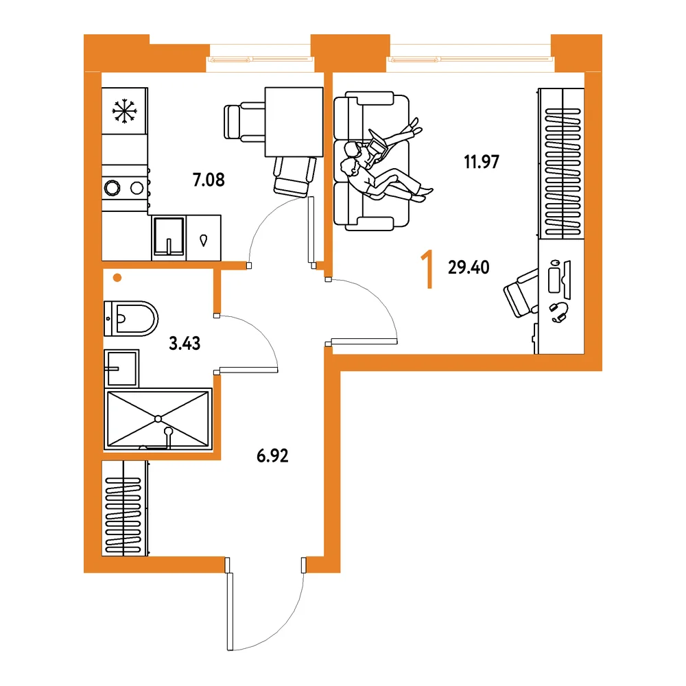 Планировка: Домашний 1-комнатная 29,40м²