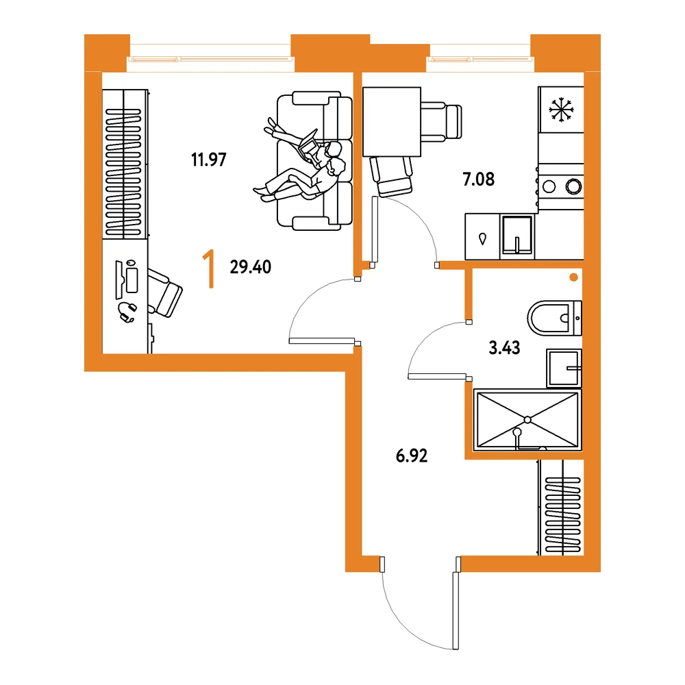 Планировка: Домашний 1-комнатная 29,40м²