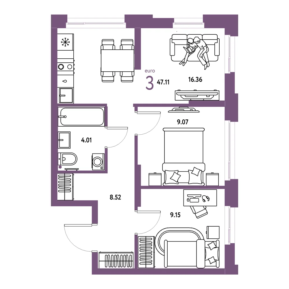 Планировка: Домашний 3-комнатная 47,11м²
