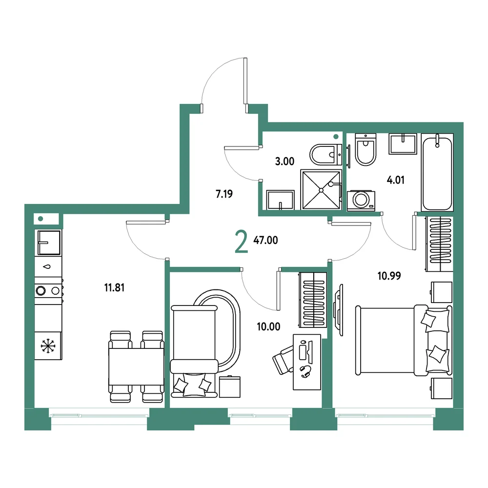 Планировка: Домашний 2-комнатная 47,00м²