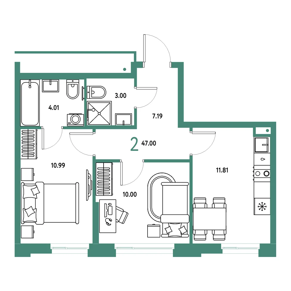 Планировка: Домашний 2-комнатная 47,00м²