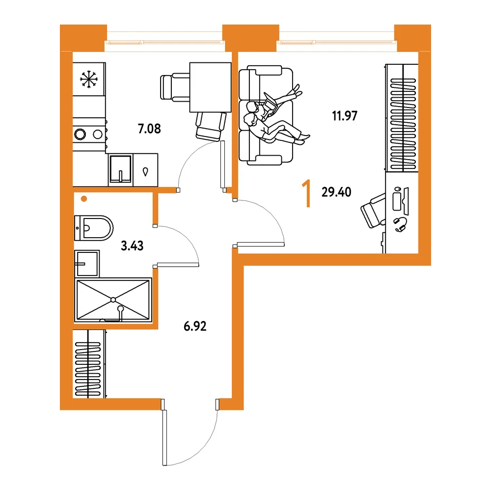Планировка: Домашний 1-комнатная 29,40м²