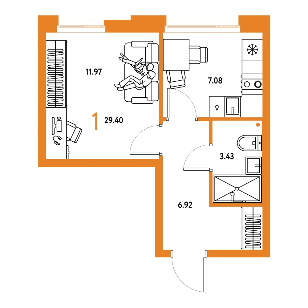 Планировка: Домашний 1-комнатная 29,40м²