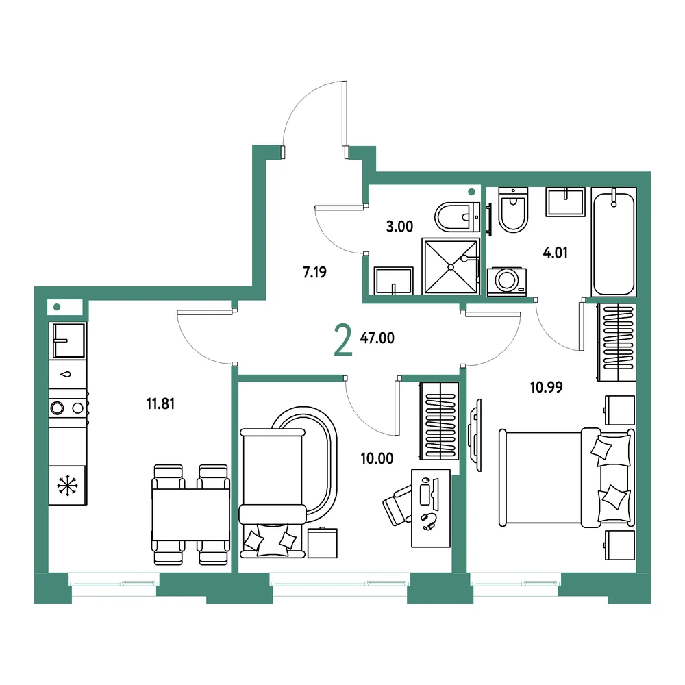 Планировка: Домашний 2-комнатная 47,00м²
