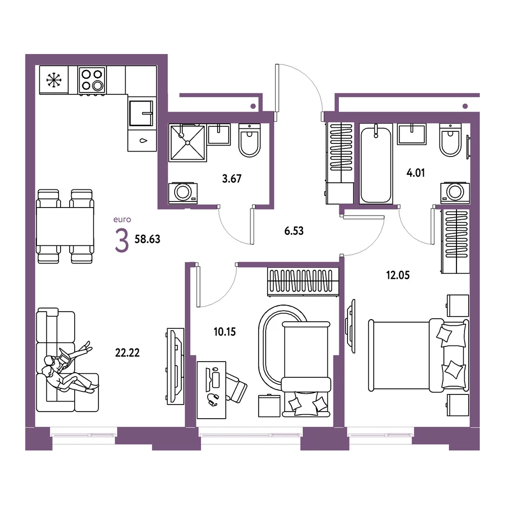 Планировка: Домашний 3-комнатная 58,63м²