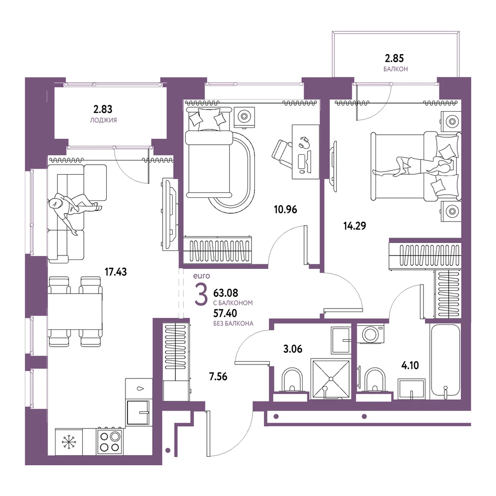 Планировка: Домашний 3-комнатная 63,08м²