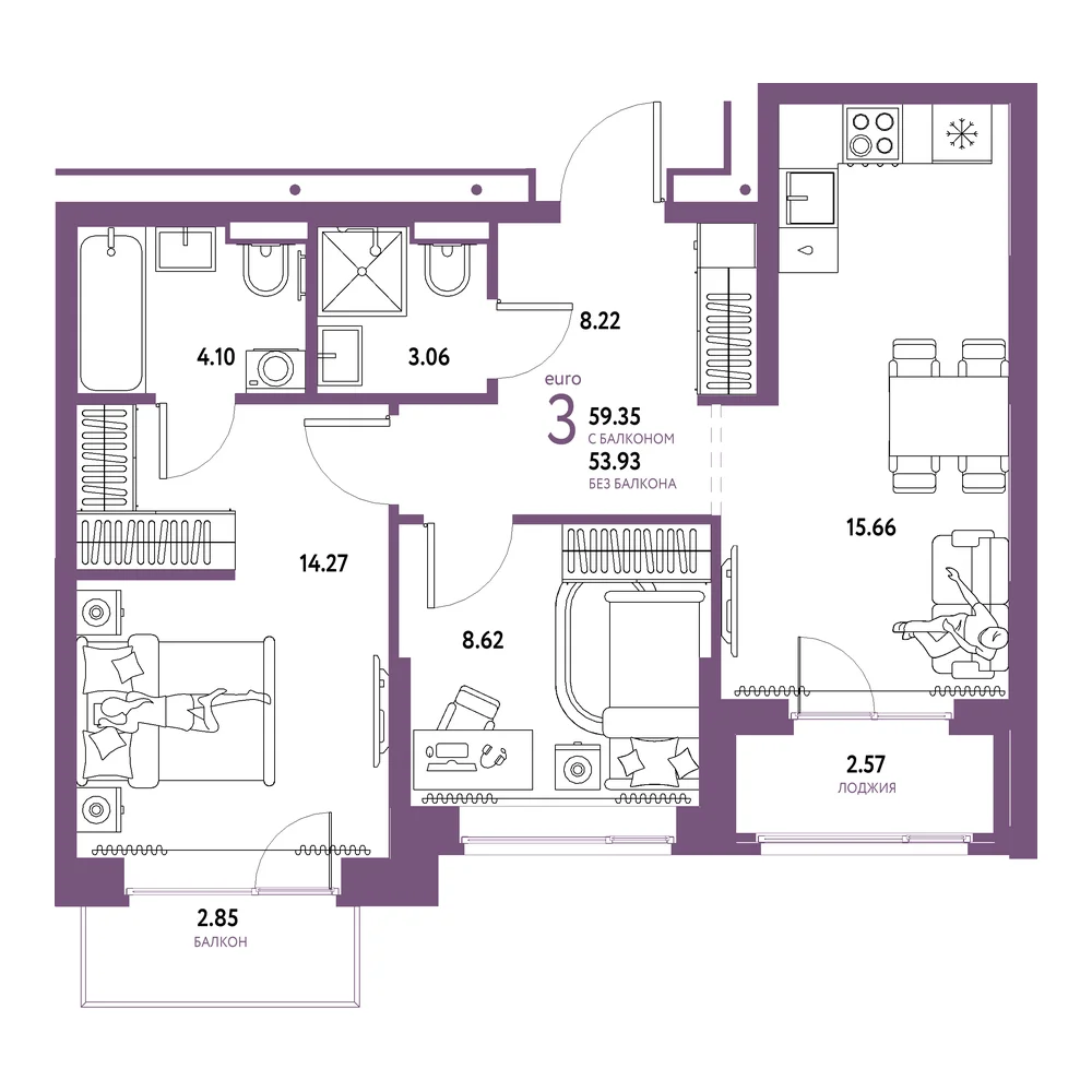 Планировка: Домашний 3-комнатная 59,35м²