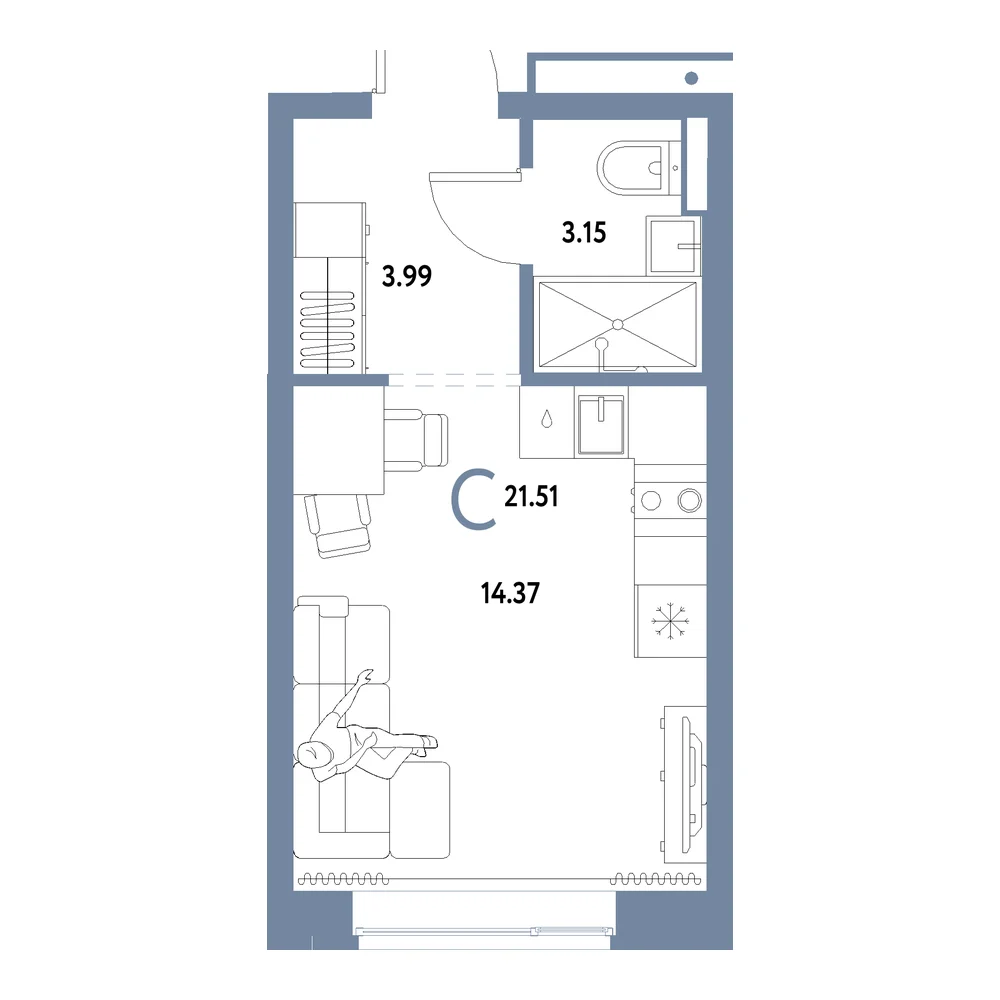 Планировка: Домашний Студия 21,51м²