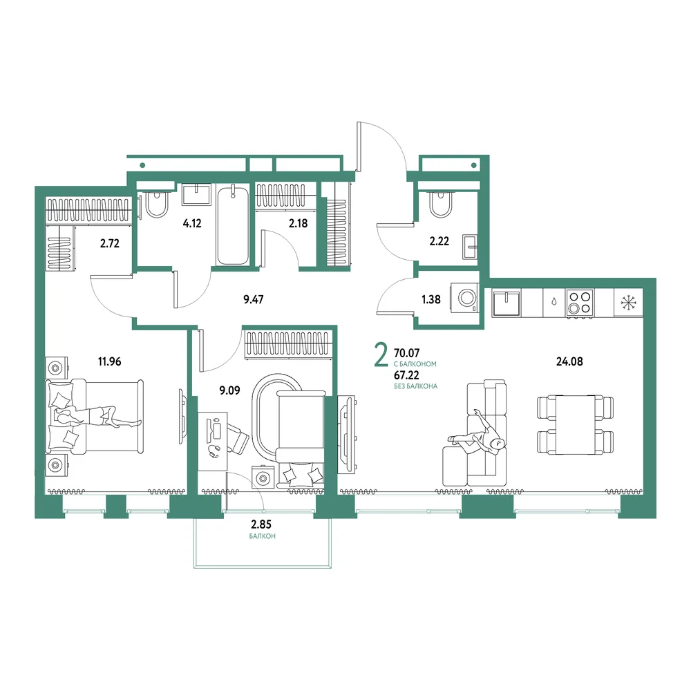 Планировка: Домашний 3-комнатная 70,07м²
