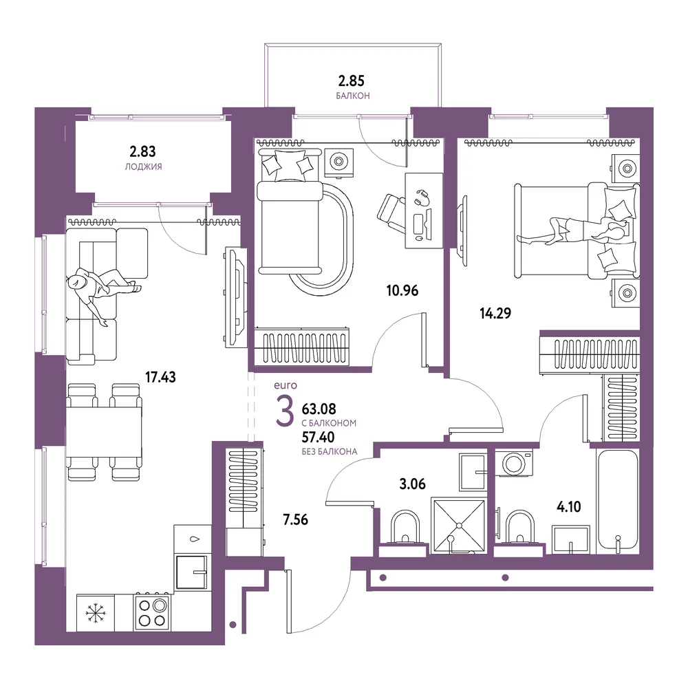 Планировка: Домашний 3-комнатная 63,08м²
