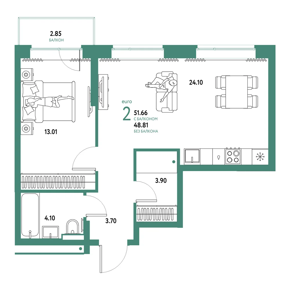 Планировка: Домашний 2-комнатная 51,66м²