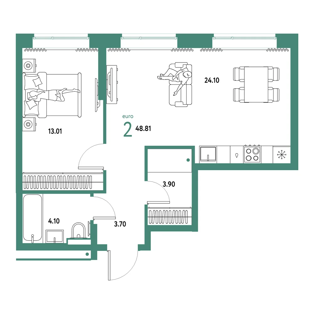 Планировка: Домашний 2-комнатная 48,81м²