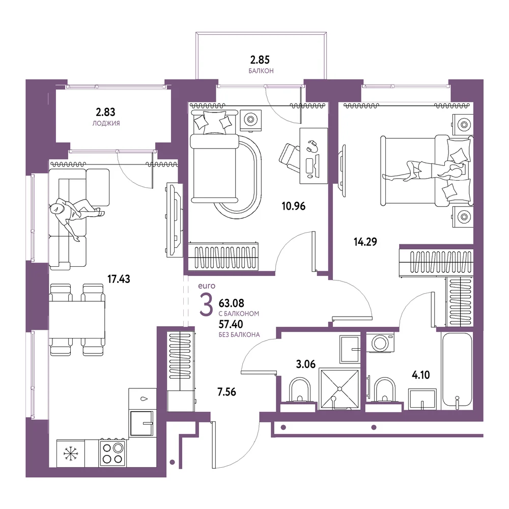 Планировка: Домашний 3-комнатная 63,08м²