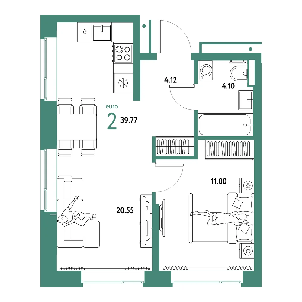 Планировка: Домашний 2-комнатная 39,77м²