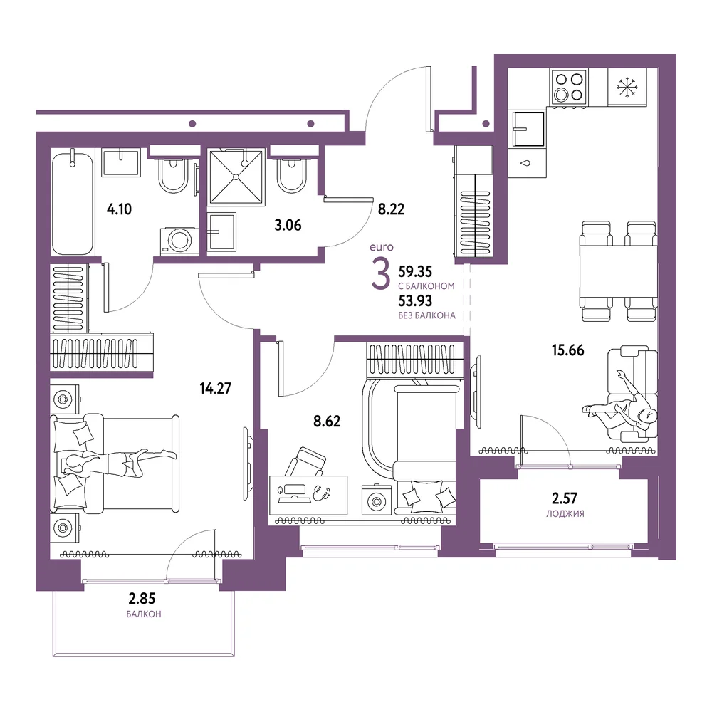 Планировка: Домашний 3-комнатная 59,35м²
