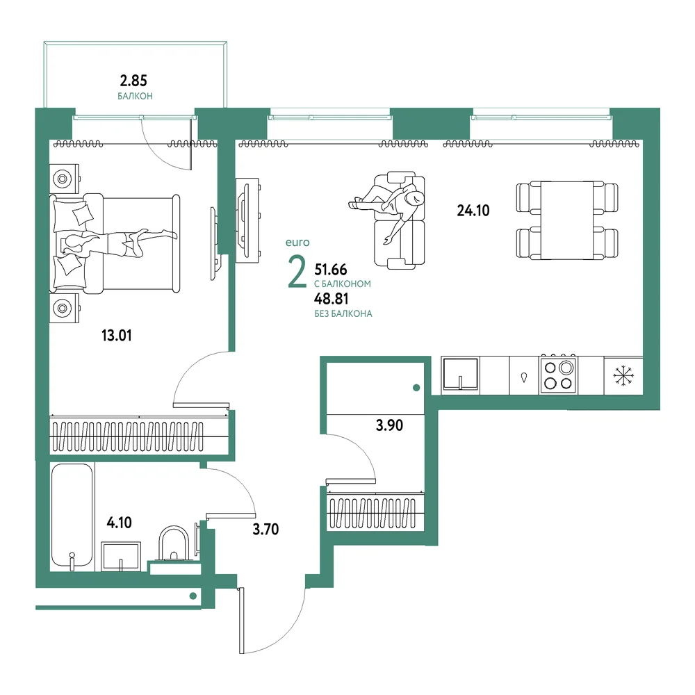Планировка: Домашний 2-комнатная 51,66м²