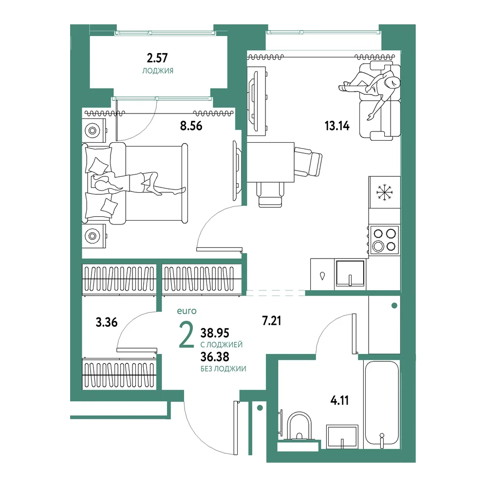 Планировка: Домашний 2-комнатная 38,95м²