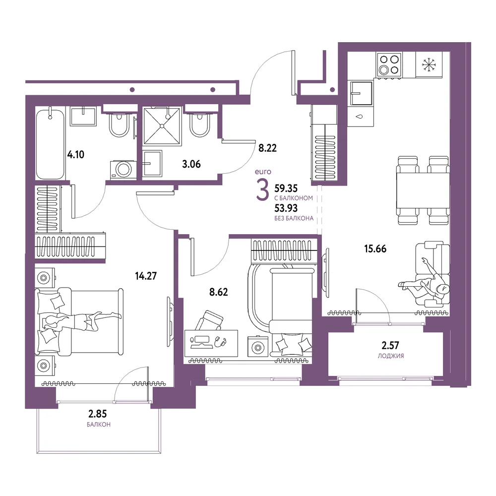 Планировка: Домашний 3-комнатная 59,35м²