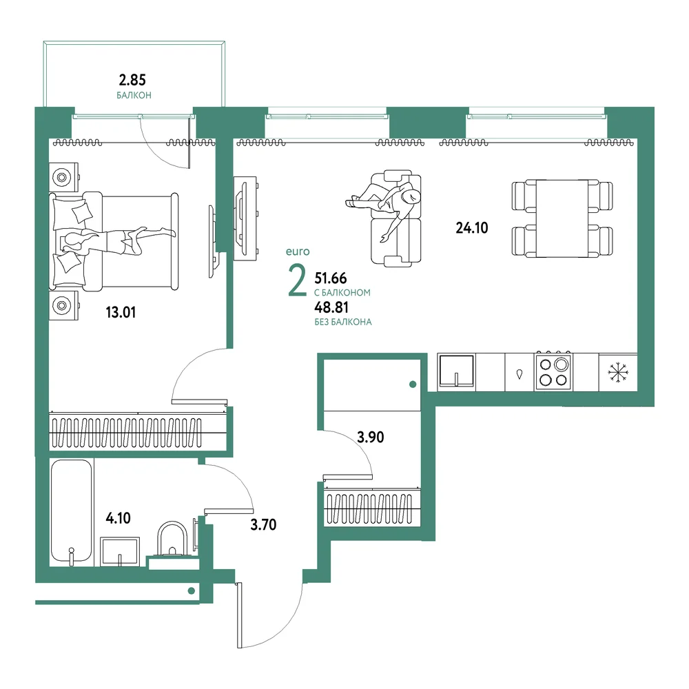 Планировка: Домашний 2-комнатная 51,66м²