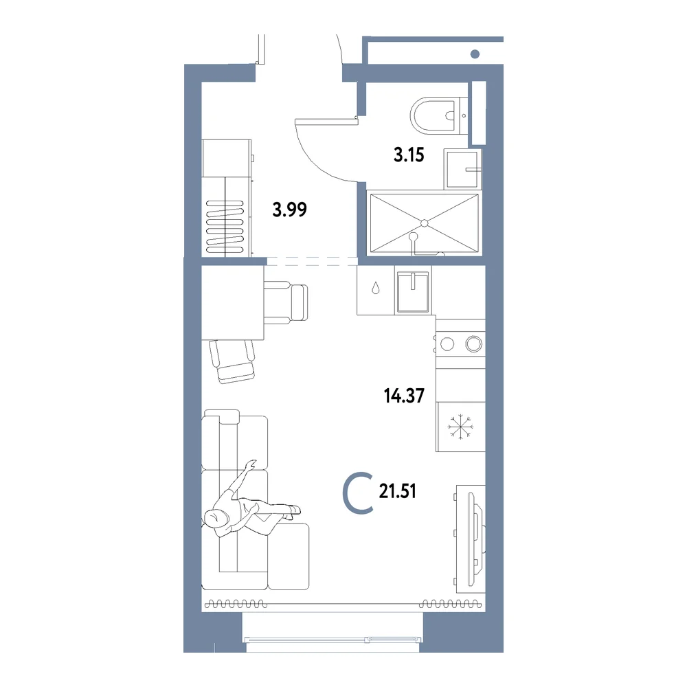 Планировка: Домашний Студия 21,51м²