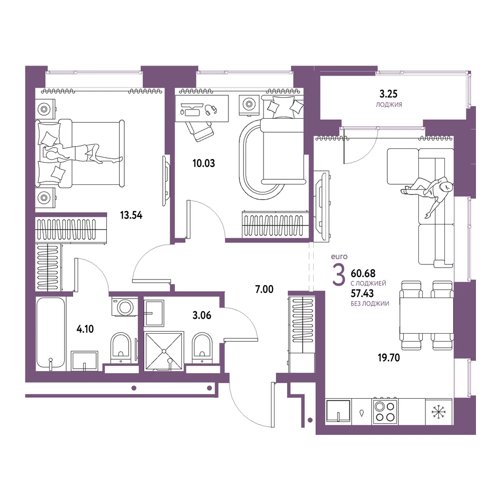 Планировка: Домашний 3-комнатная 60,68м²