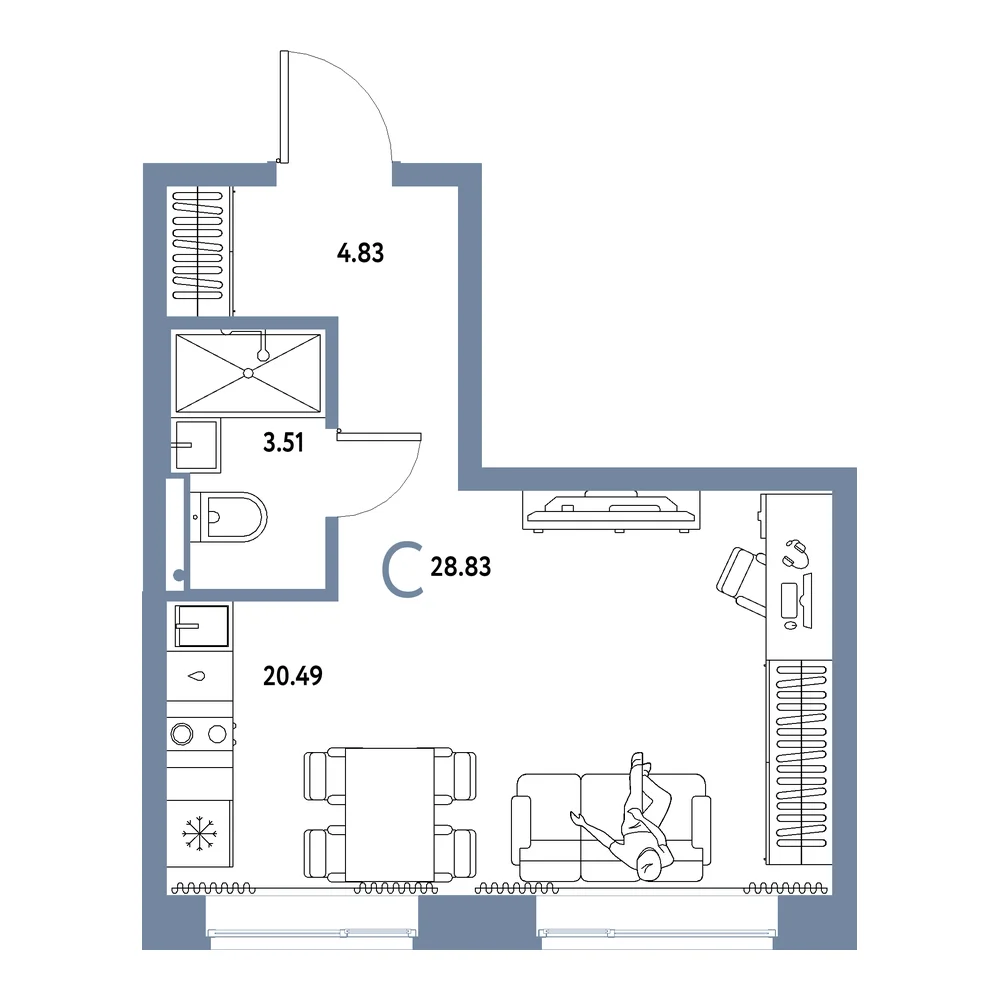 Планировка: Домашний Студия 28,83м²