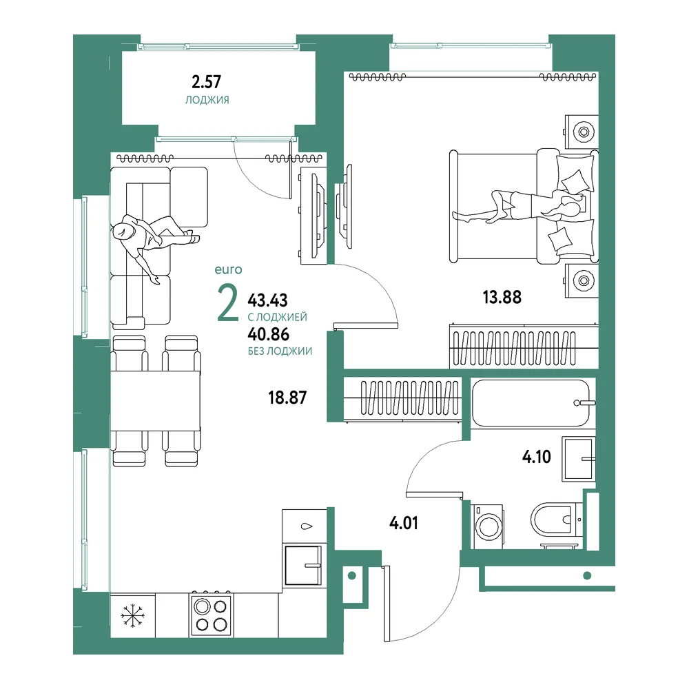 Планировка: Домашний 2-комнатная 43,43м²